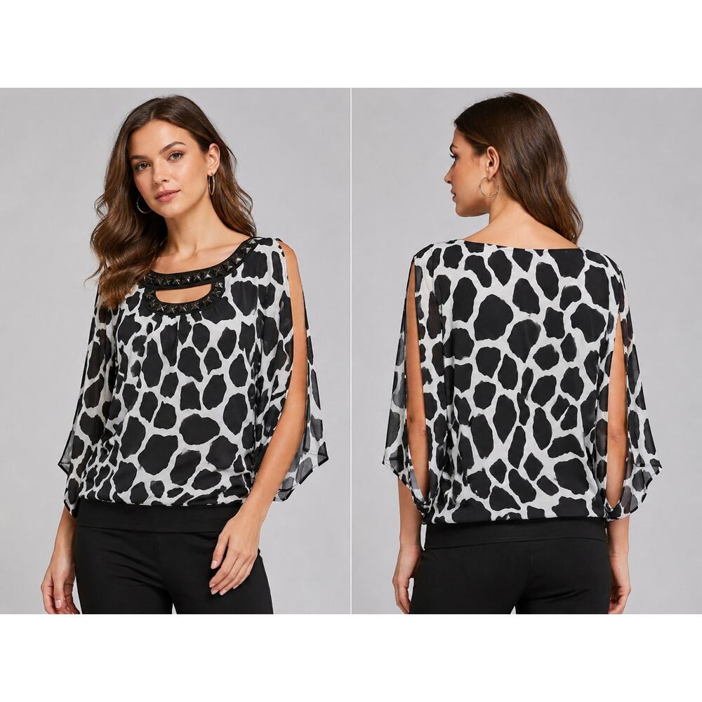 Cache Silk Banded Bottom Embellished Keyhole Top Split Sleeve Shoulder $118 NWT